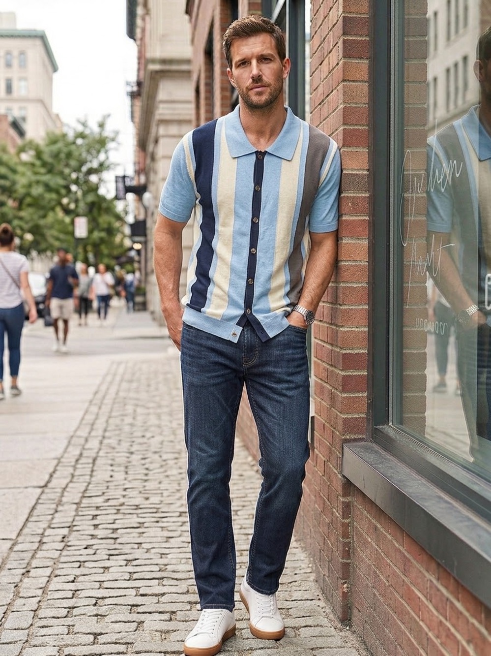 Men’s Short Sleeve Button Polo - Light Blue, Navy & Cream Stripe